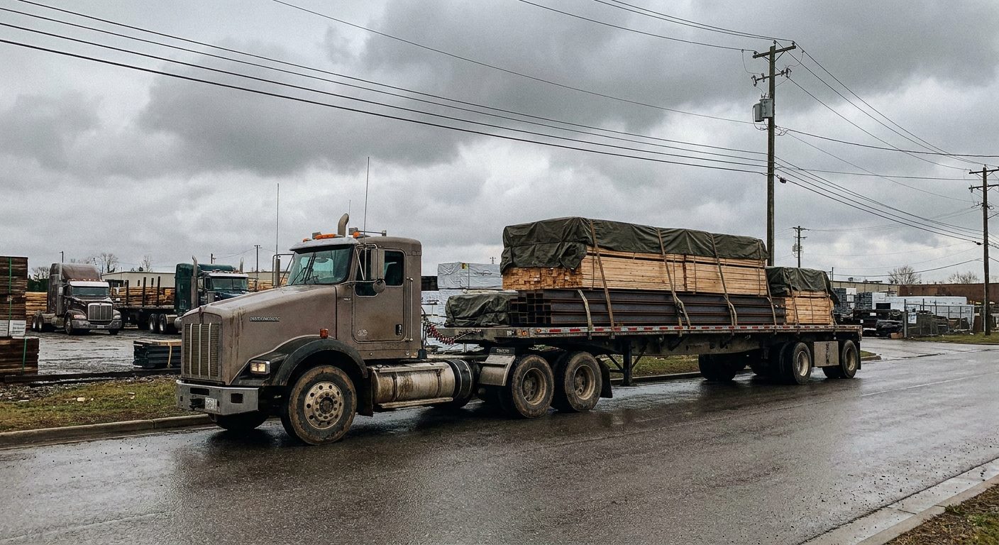 Camion à plateau chargé d'acier et de bois